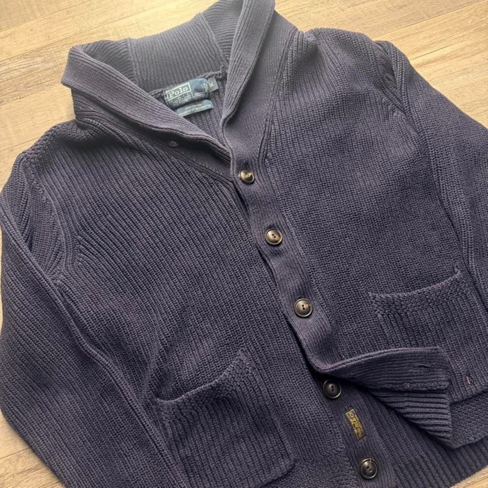 Vintage Polo Ralph Lauren Shawl Collar Cardigan Knit Navy Chunky Preppy Fit